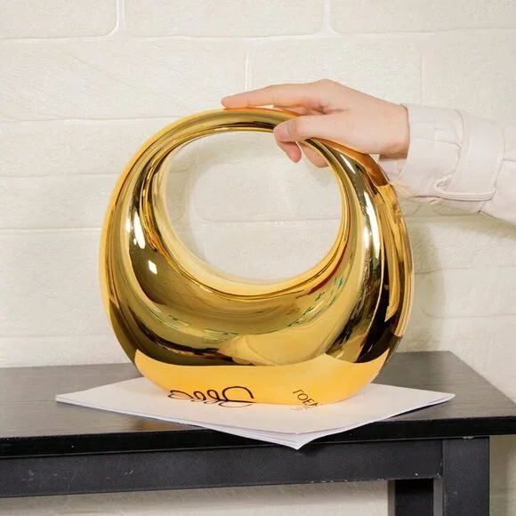 Gold Glamorous Women's Metal Color Evening Bag With Circular & Crescent Patterns - Picture 5 of 7